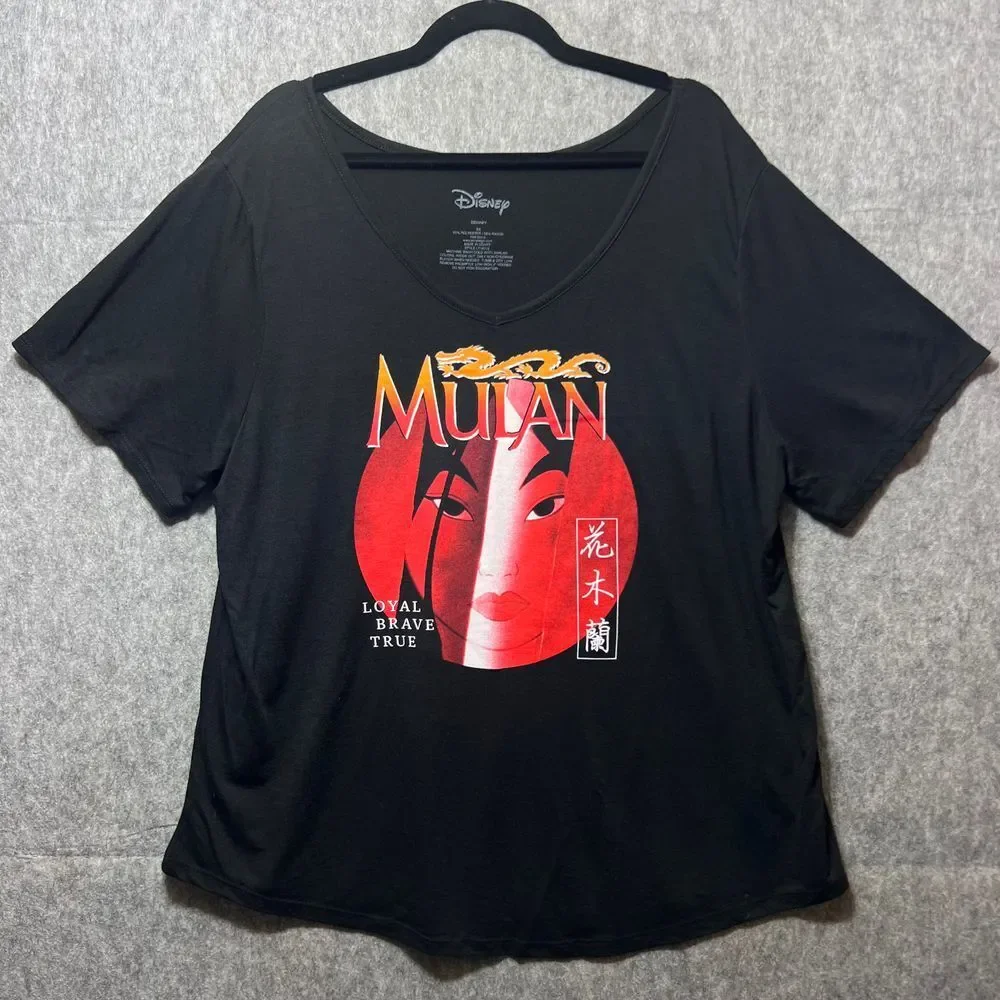 Disney‎ Mulan Graphic T-Shirt 3X Black V-Neck Short Sleeve Plus Size Top